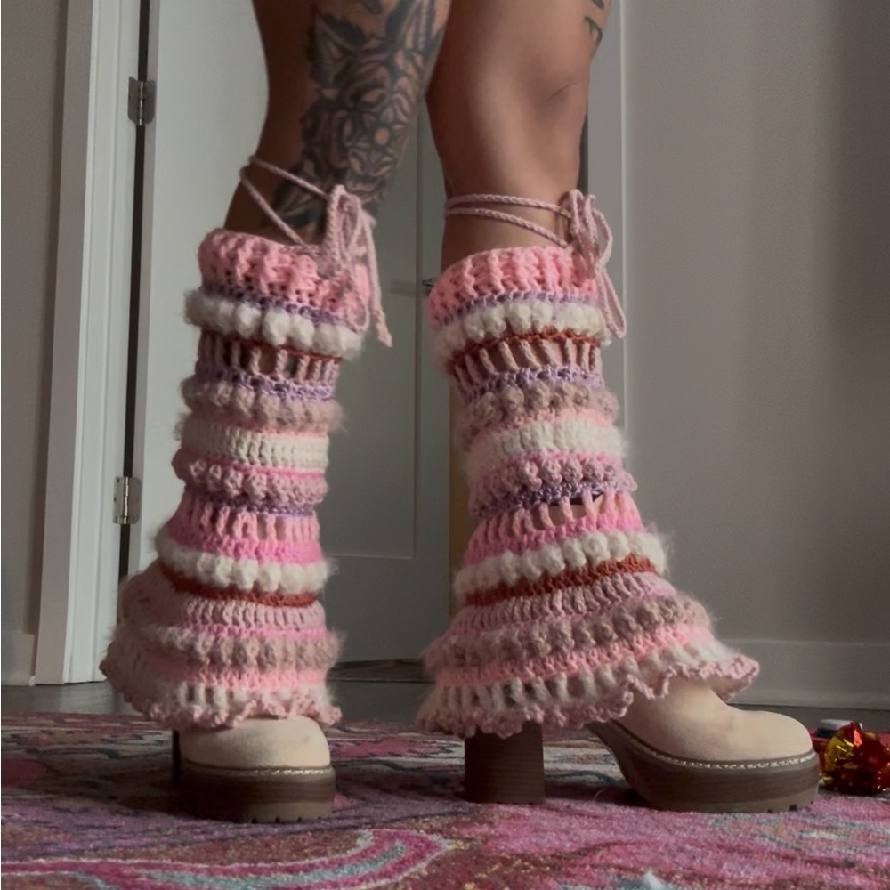 Pink and Cream Knit Leg Warmers